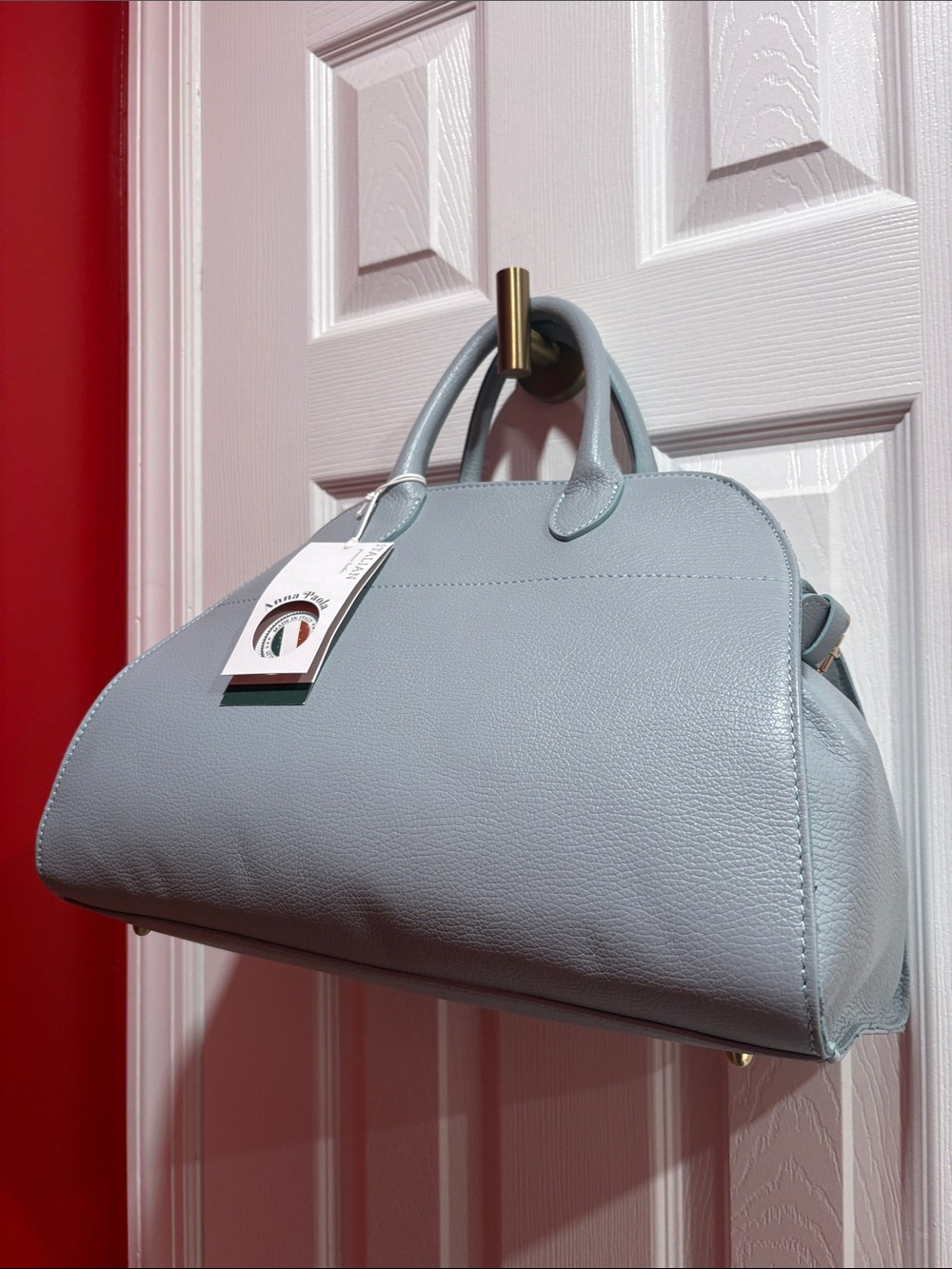 BNWT ANNA PAOLA Italian Structured Pebbled Leather Satchel Light Blue Handbag